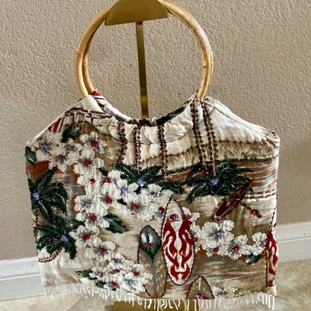Beaded Hawaiian Hula Aloha Surf Bag with Bamboo Handle